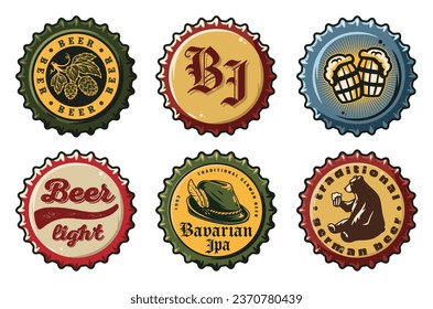 Beer cap vector set for design of brew beer in a brewery. The collection of metal corks for logo of craft brewing. Vintage old retro designs with beer cap for pub and bar