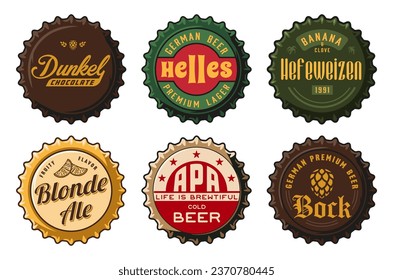 Beer cap vector set for design of brew beer in a brewery. The collection of metal corks for logo of craft brewing. Vintage old retro designs with beer cap for pub and bar