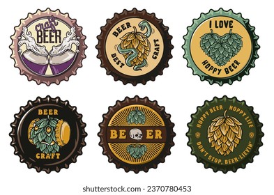 Beer cap vector set for design of brew beer in a brewery. The collection of metal corks for logo of craft brewing. Vintage old retro designs with beer cap for pub and bar
