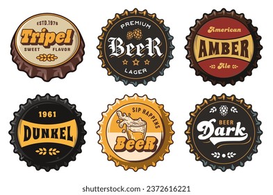Beer cap vector set for design of brew beer in a brewery. The collection of metal corks for logo of craft brewing. Vintage old retro designs with beer cap for pub and bar