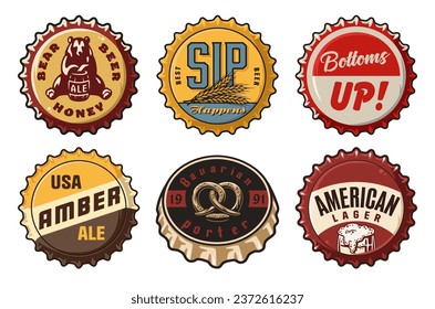 Bierdeckel, Vektorset für die Gestaltung von Braubier in einer Brauerei. Die Sammlung von Metallkorken für Logo des Handwerks Brauen. Vintage alte Retro-Designs mit Bierdeckel für Pub und Bar