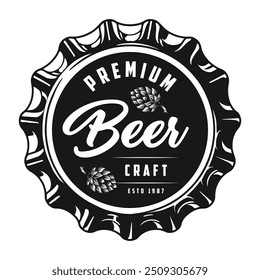 Beer cap vintage element monochrome for premium drink created using craft technology of 20th century vector illustration