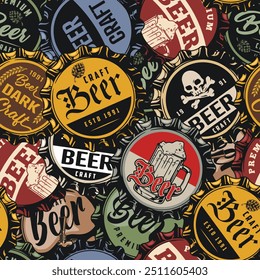 Beer caps colorful pattern seamless with inscription craft and premium for clothing design for alcohol lovers vector illustration