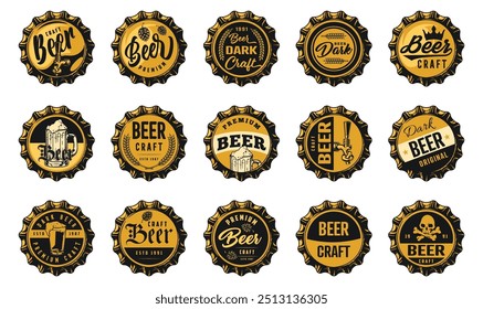 Beer caps colorful set stickers for advertising craft ale and premium quality low-alcohol drink produced in brewery vector illustration