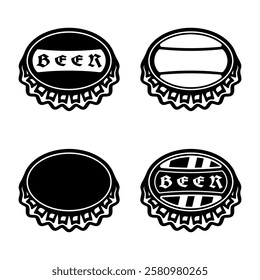 Beer caps set of vector elements, illustration in black style isolated on white background