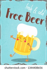 Beer card in retro design. Cartoon lager brewery craft beer on vintage blue background. Vector illustration for fast food restaurant, pub or bar.