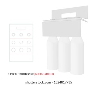 Beer Carrier Template, Three Bottles Pack, Bottles Carrier. Vector with die cut  laser cut layers. White, clear, blank, isolated mock up on white background with perspective view, 3D presentation svg