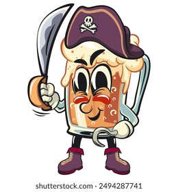 beer cartoon character retro design become a pirate one hand hook and the other holding a dagger, work of hand drawn