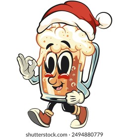 beer cartoon character retro design  walking while wearing a Santa hat calmly, work of hand drawn