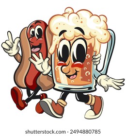 beer cartoon character retro design walking with the hotdog character while giving signs, work of hand drawn