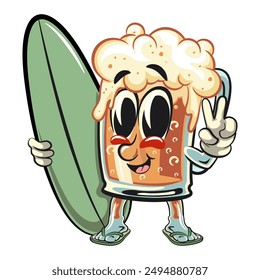 beer cartoon character retro design with surfboard, work of hand drawn