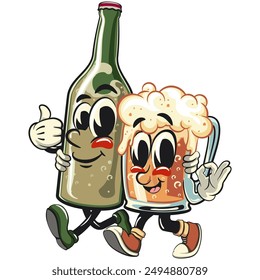 beer cartoon character retro design walking with the beer bottle character while giving a thumbs up and giving an ok sign, work of hand drawn