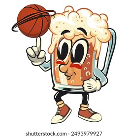 beer cartoon character retro vector design spin the basketball with the index finger, work of hand drawn