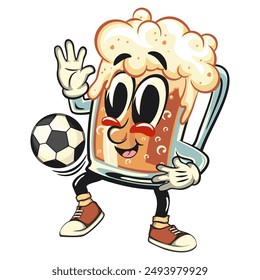 beer cartoon character retro vector design playing football or soccer ball with his feet, work of hand drawn