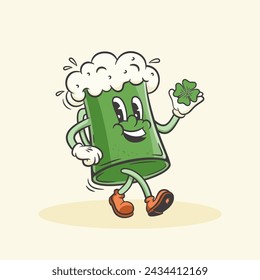 Beer Cartoon Groovy Mascot Retro Illustration. Vintage Alcohol Drink Glass Smiling, Walking with the Clover Shamrock Leaves in Hand. Rubber Hose Style. Saint Patrick Holiday. Isolated