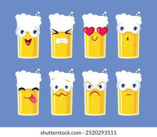 
Beer Cartoon Mascot with Different Expressions Vector Cartoon Design. Cheerful beer mug character in many emotional states 
