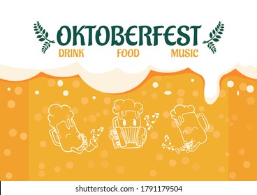 Bierkartoon spielt Musik auf Bierglas Oktoberfest Hintergrund Poster-Vorlage.