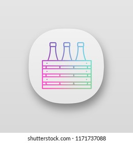 Beer case app icon. UI/UX user interface. Wine or champagne bottles in wooden crate. Milk bottles in wooden box. Web or mobile application. Vector isolated illustration