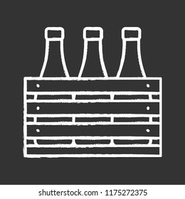 Beer case chalk icon. Wine or champagne bottles in wooden crate. Milk bottles in wooden box. Isolated vector chalkboard illustration