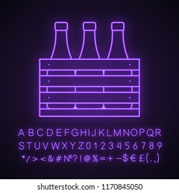 Beer case neon light icon. Wine or champagne bottles in wooden crate. Milk bottles in wooden box. Glowing sign with alphabet, numbers and symbols. Vector isolated illustration