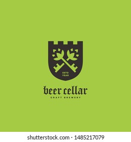 Beer cellar logo design template with two keys on shield. Vector illustration.