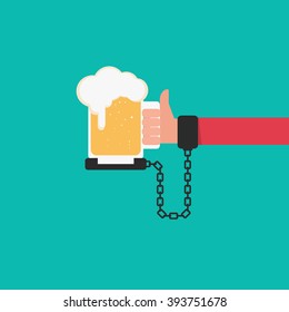 Beer chained to handcuff in hand. Alcoholism concept. Cartoon Vector Illustration.