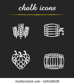 Beer chalk icons set. Alcohol wooden barrels, hop cones, wheat ears. Beer brewery isolated vector chalkboard illustrations