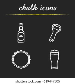 Beer chalk icons set. Beer bottle, opener, cap and full foamy glass. Isolated vector chalkboard illustrations