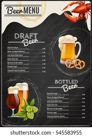 Beer chalkboard menu with different types of beverage lobster mug pretzel hop and glasses vector illustration