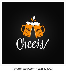 Beer cheers banner. Cheers lettering with beer mugs on black background