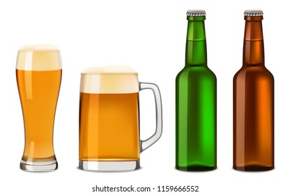 Beer cheers bottles glass craft mug drinking cheers mockup concept set. Realistic illustration of 4 beer cheers bottles glass craft mug drinking cheers vector mockups for web