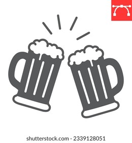 Beer cheers glyph icon, oktoberfest and celebration, toast vector icon, beer splash vector graphics, editable stroke solid sign, eps 10.