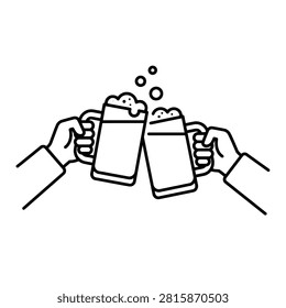 Beer cheers icon with clinking mugs, minimalist black and white line art illustration of two hands holding foaming beer glasses for a toast. Ideal for Oktoberfest, pub menus, and bar logos.