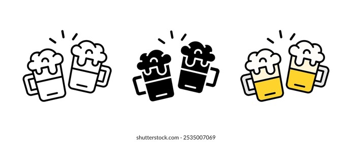 Beer cheers icon. Beer toast symbol. Beer mugs clink vector illustration. Alcohol drink cups ringing. Octoberfest celebration sign. Lager pint pictogram. Brewery beverage with foam isolated concept.