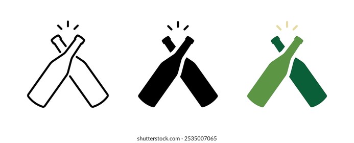 Beer cheers icon. Two beer bottles clink symbol. Alcohol drink bottle pop vector illustration. Celebration toast sign. Bar, pub or brewery logo. Ringing beer bottles pictogram. Lager pint concept.