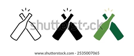 Beer cheers icon. Two beer bottles clink symbol. Alcohol drink bottle pop vector illustration. Celebration toast sign. Bar, pub or brewery logo. Ringing beer bottles pictogram. Lager pint concept.