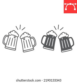 Beer cheers line and glyph icon, beverage and oktoberfest, toasting beer mugs vector icon, vector graphics, editable stroke outline sign, eps 10.