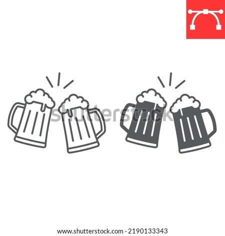 Beer cheers line and glyph icon, beverage and oktoberfest, toasting beer mugs vector icon, vector graphics, editable stroke outline sign, eps 10.