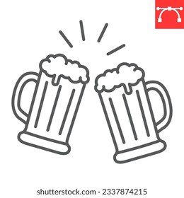 Icono de línea de vítores de cerveza, oktoberfest y celebración, icono del vector de brindis, gráficos vectoriales de salpicadura de cerveza, signo de contorno de trazo editable, eps 10.