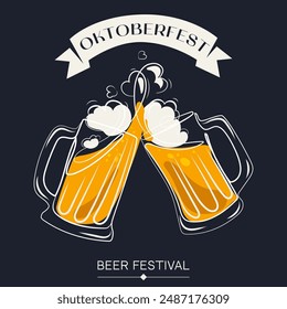 Beer cheers Oktoberfest concept illustration. Two Beer glasses clink with foamy splashes poster vector 