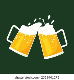 Vector de vítores de cerveza. Dos tazas de cerveza tostando. Los tanques de cristal que unen la cerveza y la espuma salpicada. Diseño para banner, afiche, tarjetas de felicitación.