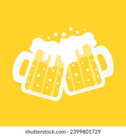beer cheers vector. Two toasting beer mugs, Cheers. Clinking glass tankards full of beer and splashed foam. Cartoon style. Isolated on yellow background. 