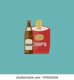 Beer and chips icon in flat style. Vector illustration.