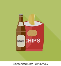 Beer and chips icons in flat style. Vector illustration.