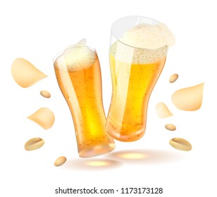Beer with chips and peanuts isolated on white background. Vector illustration.