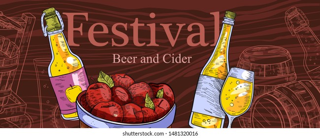 Beer and cider festival illustration. Hard apple cider vector adds in engraving style. Background for pub menu, bottle label, flyer, invitation card with bottle, wineglass, apples, casks, cider press.