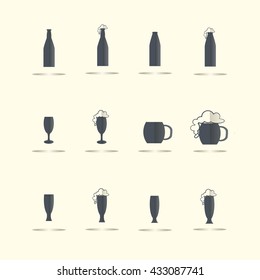 Beer and cider flat icons. Dark blue glass and bottle with gray shadows, vector illustration