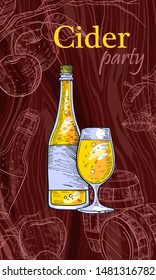 Beer and cider party illustration. Hard apple cider vector adds in engraving style.  For pub menu, bottle label, flyer, invitation card with bottle, wineglass, apples, casks on wooden background