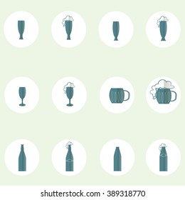 Beer and cider round icon, flat design. Blue icons glasses, cups, mugs, foam on white, light blue background, design element, vector