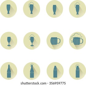 Beer, cider, a round icon with a shadow. Blue icons glasses, cups, mugs, foam on beige, white background, design element, vector